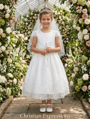 First Communion Dress with Embroidered Overlay Lace Cap Sleeves