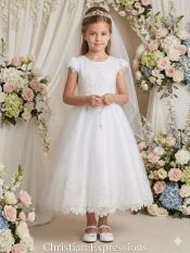 First Communion Dress Embroidered tulle with sequins Lace Hem