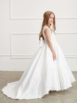 First Communion Gown Satin long train skirt with a lace hem