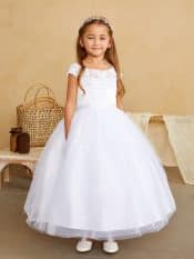 First Communion Dress Satin Lace Mesh Neckline Cap Sleeves
