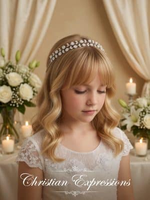 First Communion Diamond Rhinestone Double Layer Hairband with Satin Ribbon