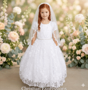 Lace First Communion Dress with Short Sleeves