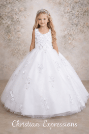 Glitter and Mesh First Communion Gown with 3D Flowers Silver Accents