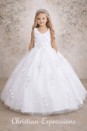 Glitter and Mesh First Communion Gown with 3D Flowers Silver Accents