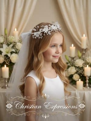 Girls First Communion Flower Crown with Veil Flowers with Pearls