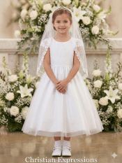Girls Embroidered Tulle First Communion Dress with Sequins