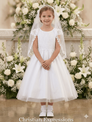 Girls Embroidered Tulle First Communion Dress with Sequins
