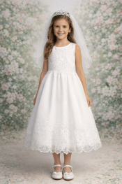 First Communion Dress Satin with corded embroidered tulle overlay with sequins