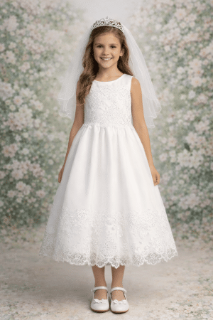 First Communion Dress Satin with corded embroidered tulle overlay with sequins