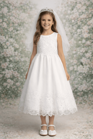 First Communion Dress Satin with corded embroidered tulle overlay with sequins