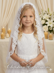 First Communion Veil on comb with corded lace trim and 'Guadalupe'