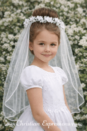 First Communion Wreath Single Layer Veil Flowers and rhinestones