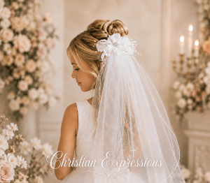 First Communion Veil on comb with Organza Flowers