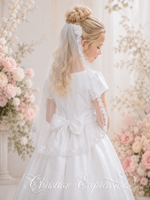 First Communion Veil on comb with corded lace trim