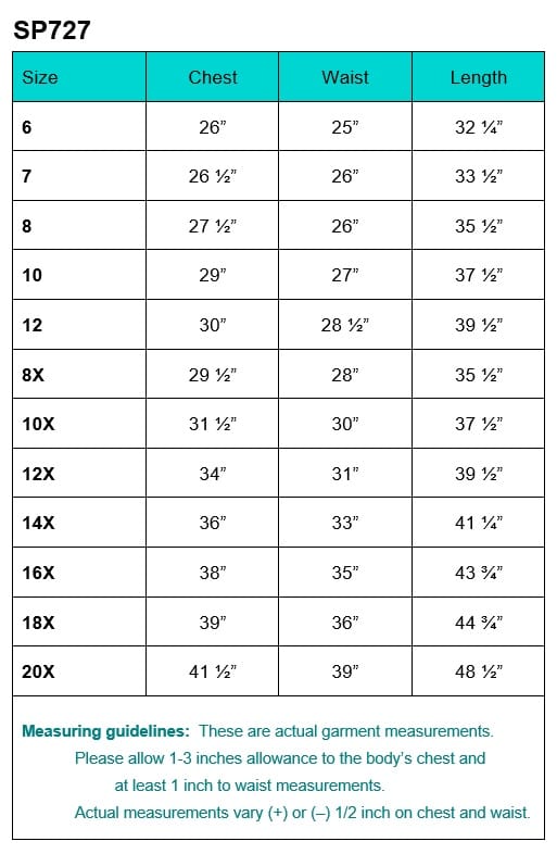 SP727 size chart