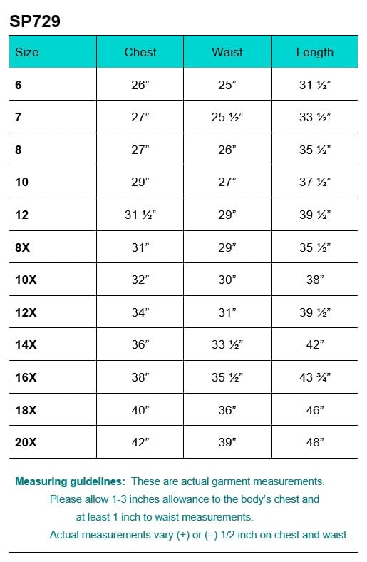 SP729 size chart