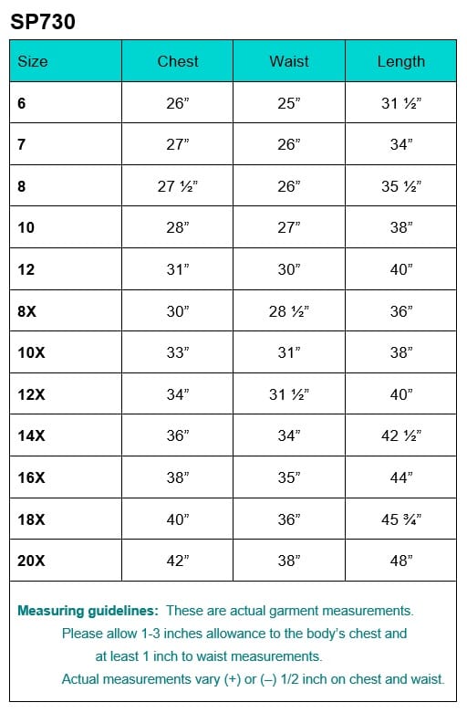 SP730 size chart