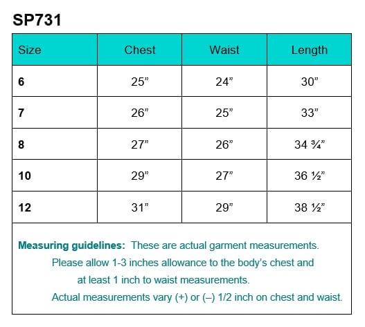 SP731 size chart