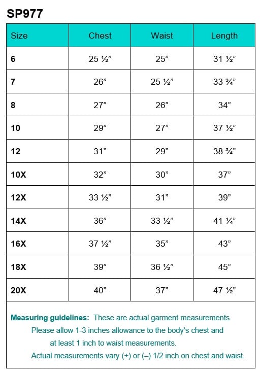 SP977 size chart