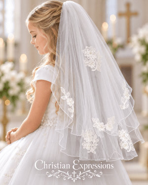 First Communion Two Veil with Lace Appliques on Comb