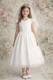 Girls First Communion Dress with Corded Embroidered Tulle
