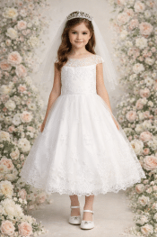 First Communion Dress Corded embroidered tulle with sequin sweetheart neckline