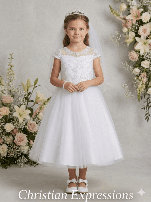 First Communion Dress Corded embroidered tulle with pearls and sequins