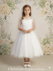 First Communion Dress Embroidered tulle with pearls and sequins Sheer Neckline