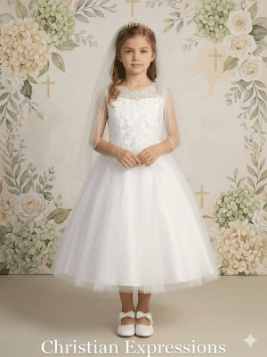 First Communion Dress Embroidered tulle with pearls and sequins Sheer Neckline