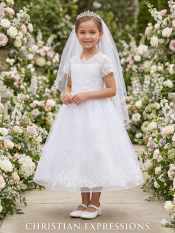 Short Sleeve First Communion Dress Corded embroidered tulle with sequins
