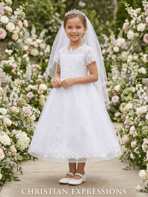 Short Sleeve First Communion Dress Corded embroidered tulle with sequins
