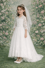 Girls Long Sleeve First Communion Dress with Embroidered Tulle Sequins and Train