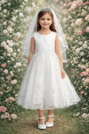 First Communion Dress Corded embroidered tulle with pearls and sequins