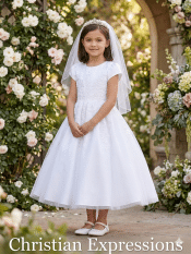 First Communion Dress Cap Sleeves Embroidered tulle with beads and sequins