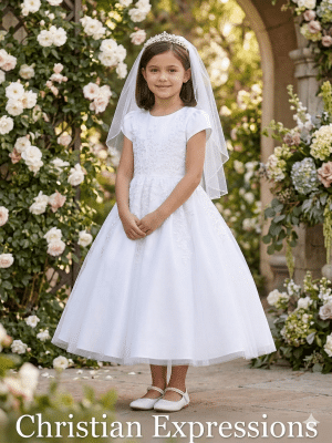 First Communion Dress Cap Sleeves Embroidered tulle with beads and sequins