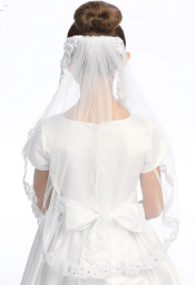 First Communion Veil on comb with corded lace trim
