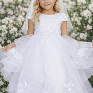 First Communion Dress with Cap Sleeves and 3D Lace on Skirt -  FirstCommunions.com
