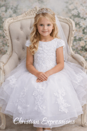 First Communion Dress with Cap Sleeves and 3D Lace on Skirt