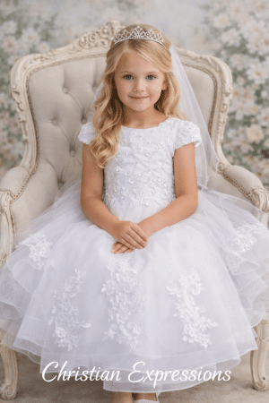 First Communion Dress with Cap Sleeves and 3D Lace on Skirt