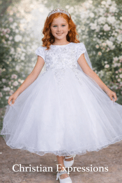 First Communion Dress with Cap Sleeves and 3D Lace