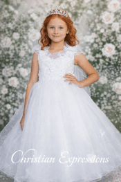First Communion Dress with Shiny Crystal Tulle Cap Sleeves
