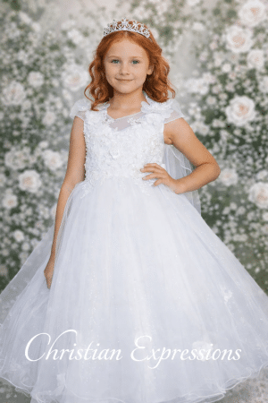 First Communion Dress with Shiny Crystal Tulle Cap Sleeves