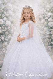 Beautiful First Communion Dress with Illusion Tulle Top Sheer Sleeves