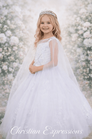 Beautiful First Communion Dress with Illusion Tulle Top Sheer Sleeves