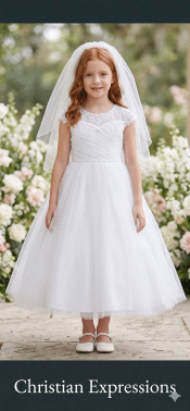 First Communion Dress illusion neckline bodice with symmetrical bodice