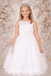 First Communion Dress illusion neckline Scalloped Lace Hem