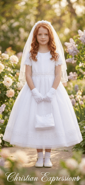 First Communion Dress Lace Trim Sleeve Pearl Waist