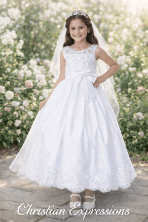 First Communion Dress With Long Organza Skirt and Bow
