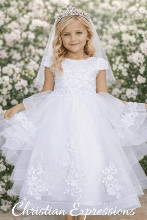 First Communion Dress with 3d Lace on Skirt