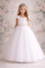First Communion Dress Off Shoulder Asymmetrical Bodice with Gradation